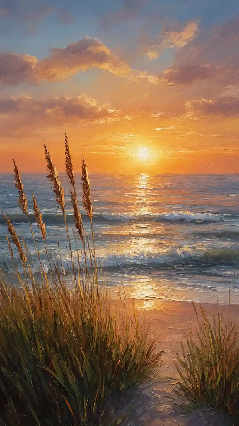 Golden coastal sunset over calm ocean and sandy beach