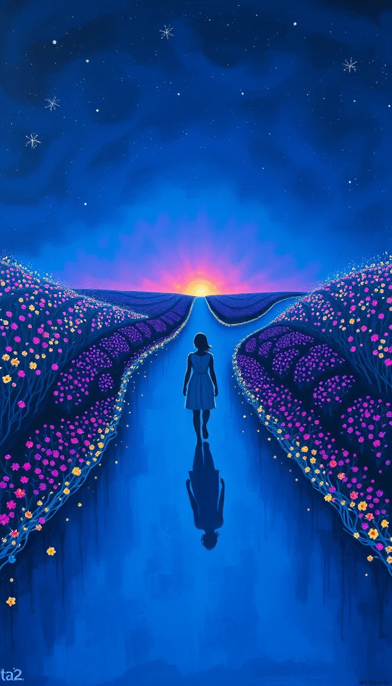 Mujer caminando sola por un luminoso sendero de jardín nocturno