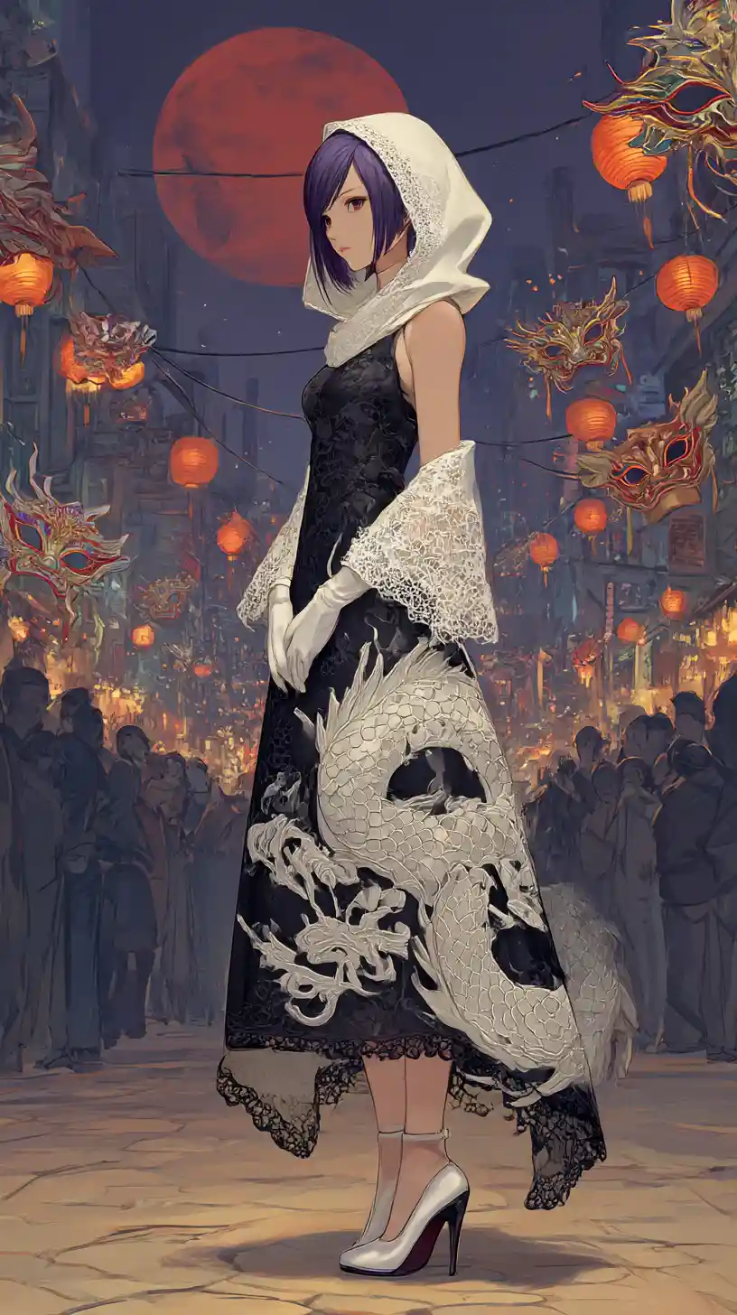 Chica anime con vestido negro de dragón y abrigo de encaje