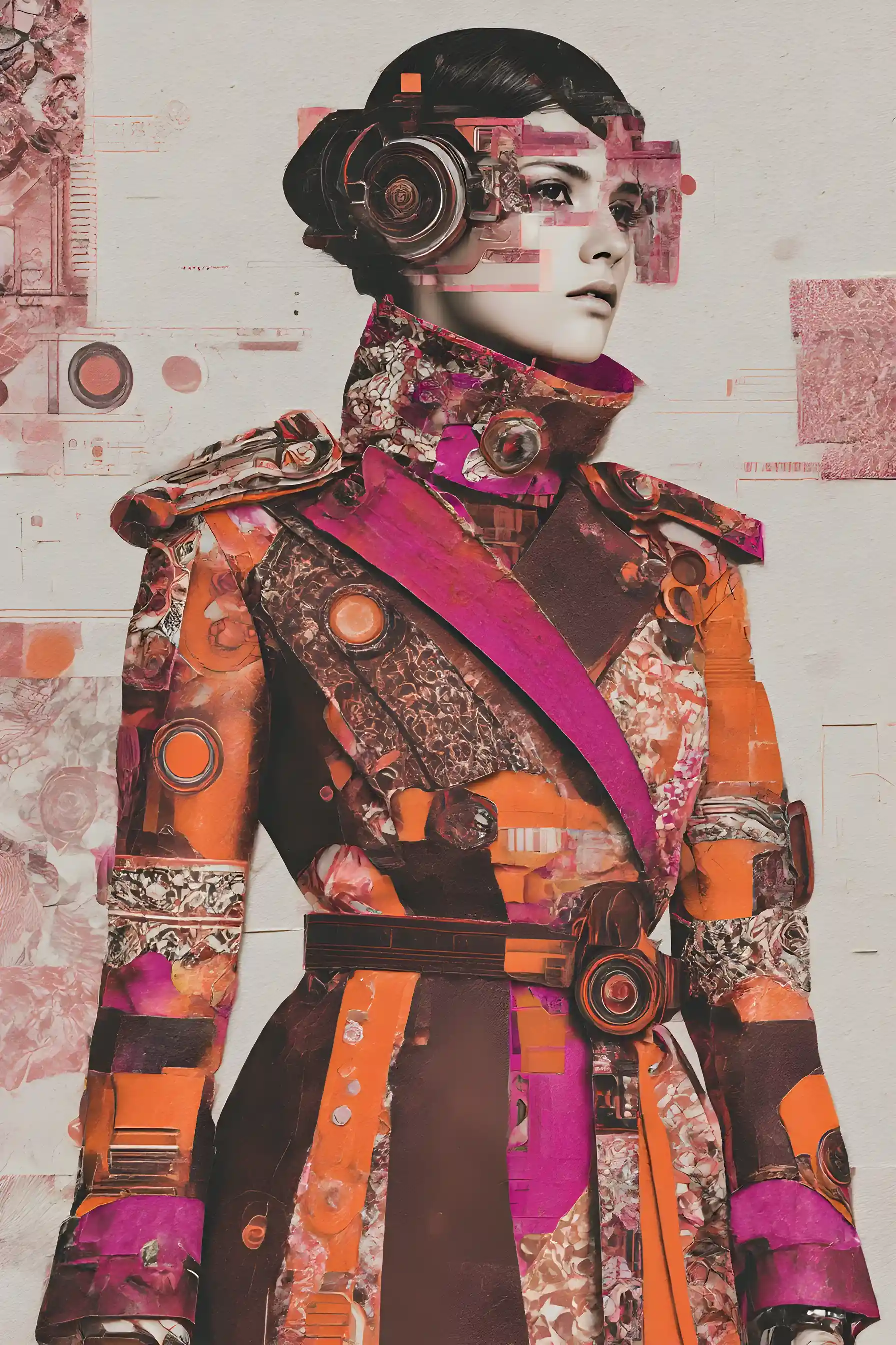 Cyberpunk fashion figure in layered double exposure collage