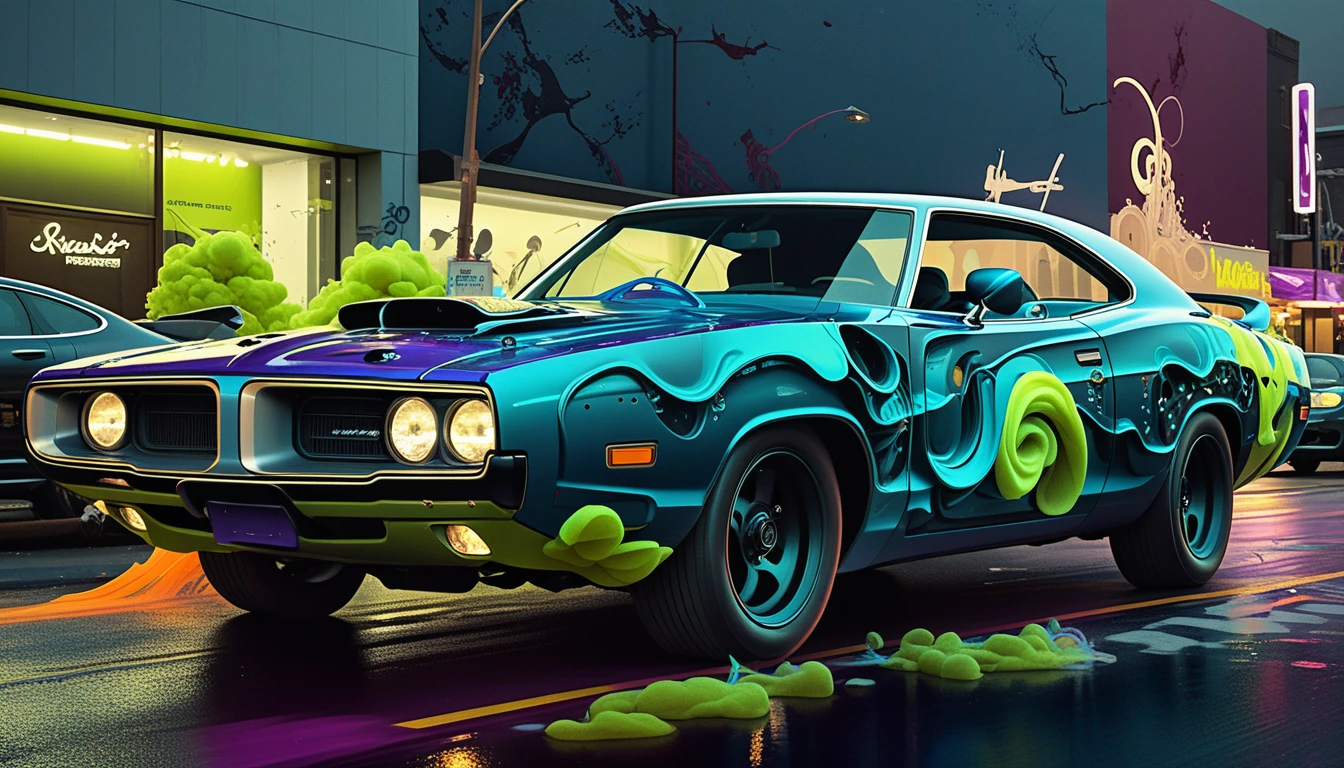Surreal muscle car on neon city street at dusk