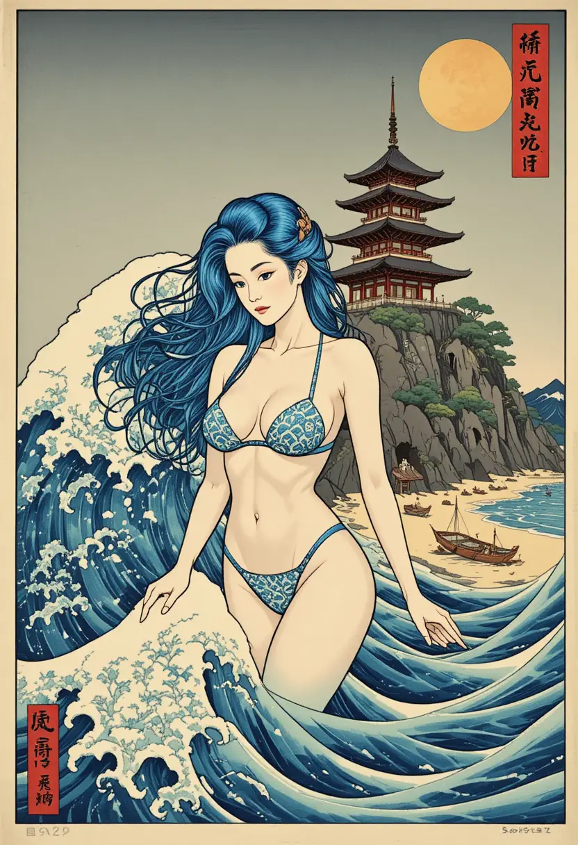 문양이 있는 바다 파도에서 솟아오르는 우키요에 물의 여신
