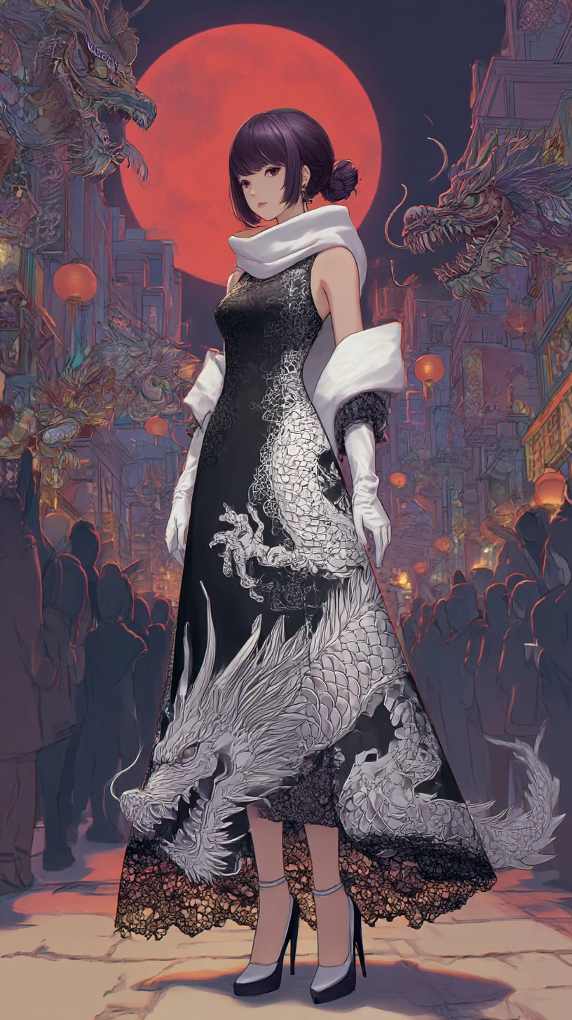 Chica de anime con vestido negro y motivo de dragón blanco