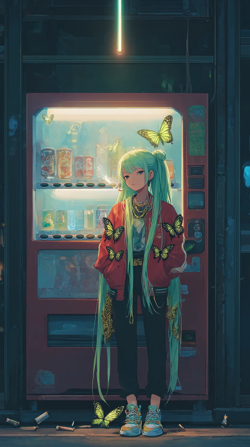 Chica de anime fumando junto a máquina de refrescos neón por la noche