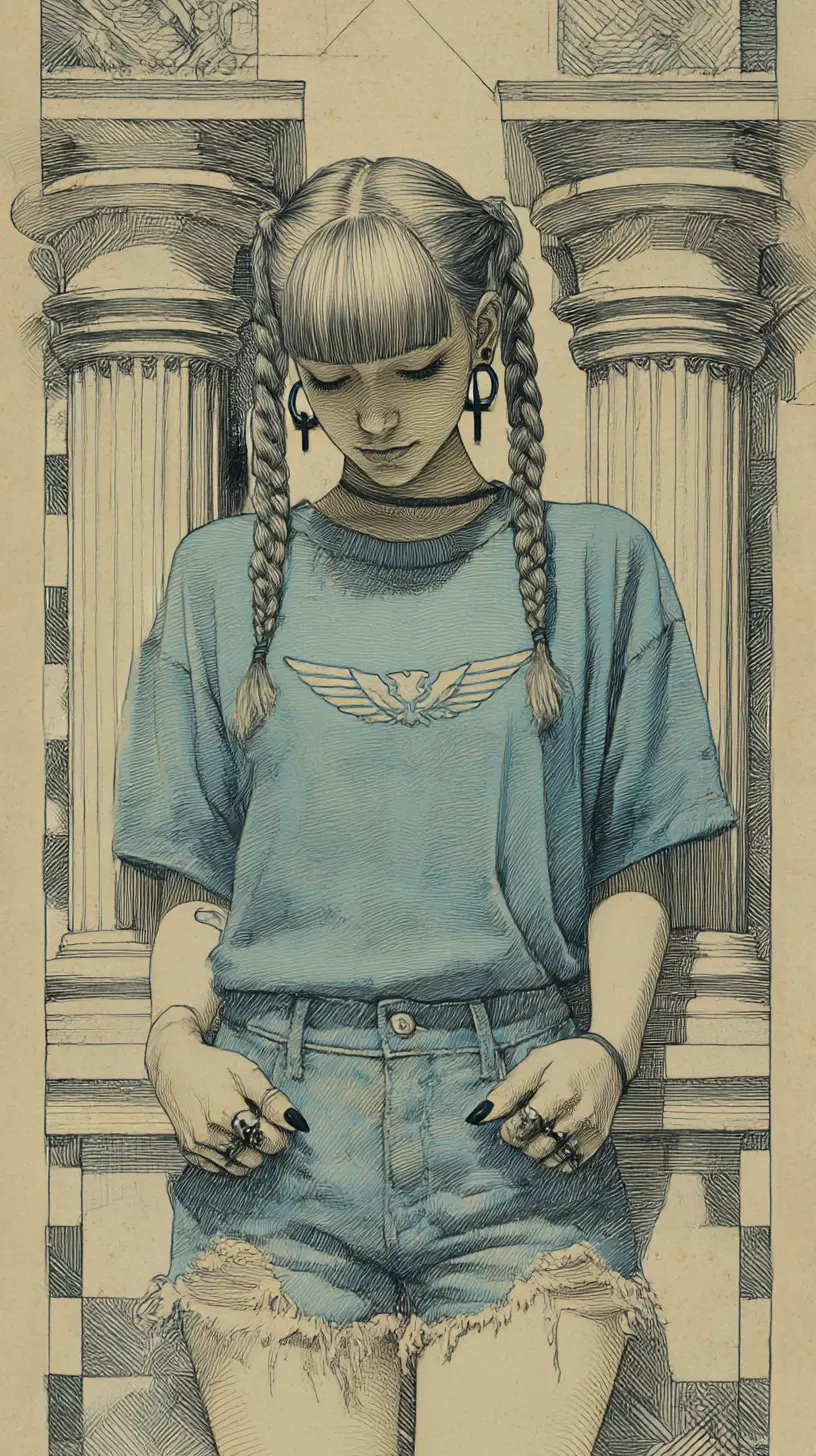 Chica confiada con trenzas en dibujo a tinta con columnas