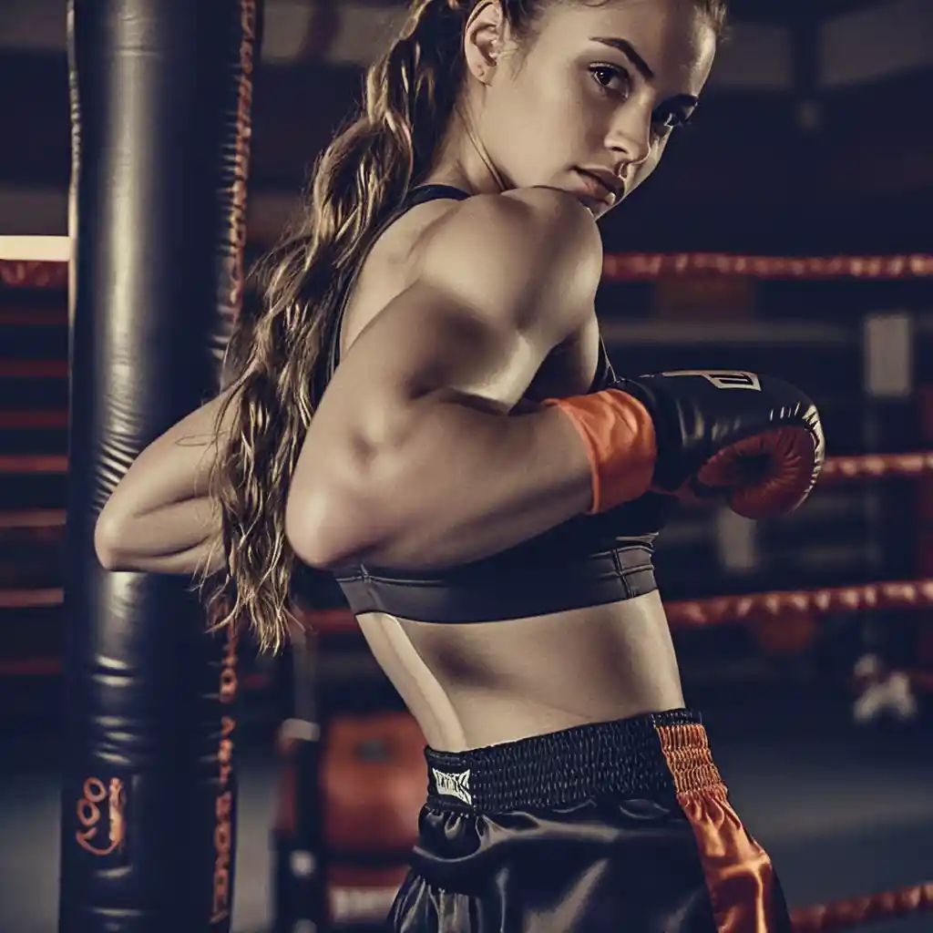 Luchadora concentrada apoyada en las cuerdas del ring de boxeo