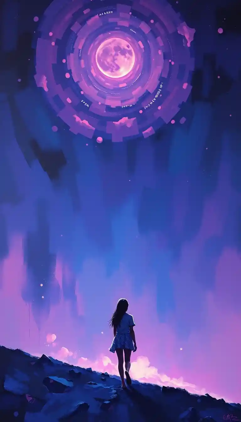 Mujer caminando hacia un árbol resplandeciente en un paisaje nocturno luminoso