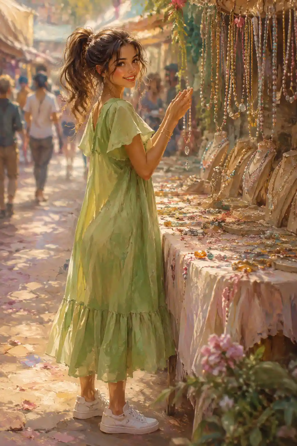 Mujer sonriente con vestido verde en un puesto callejero de collares