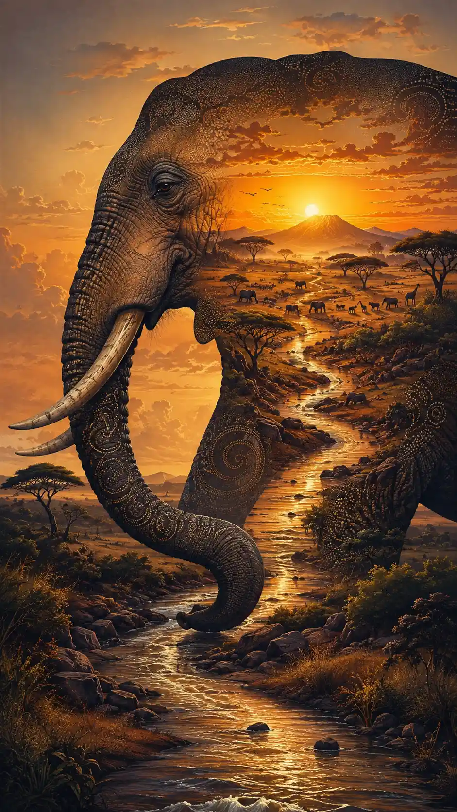 Surreal Elephant Silhouette Containing A Golden Savannah