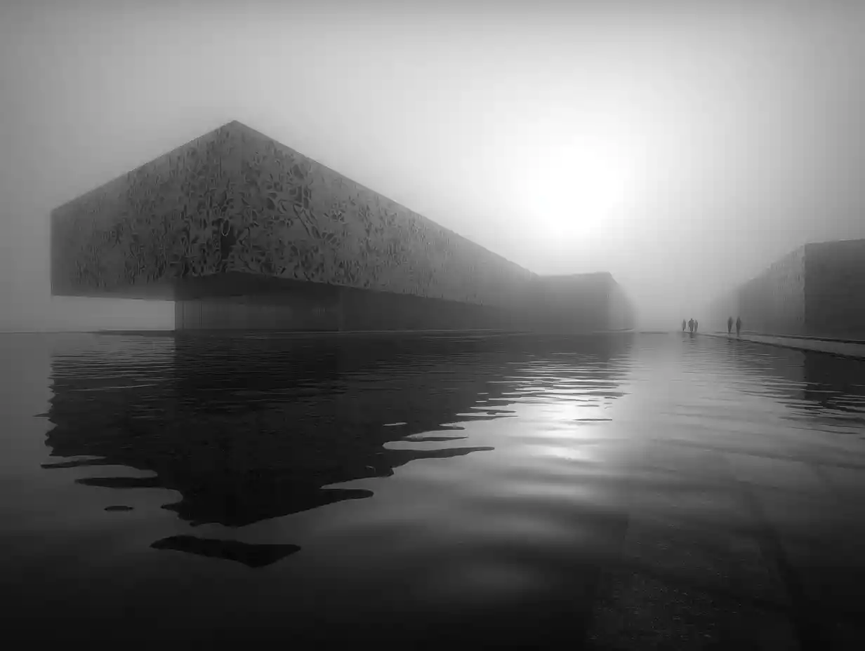 Biblioteca ahogada surreal que se alza en una ciudad submarina alienígena