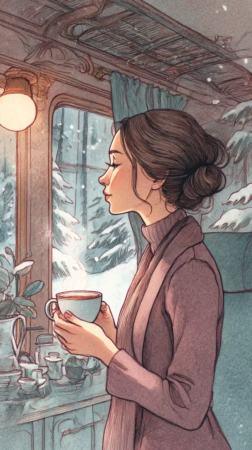 Mujer relajándose con café en un viaje en tren nevado