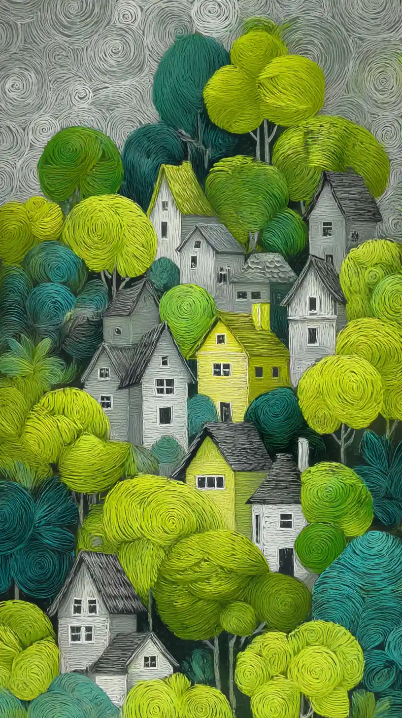 Whimsical folk art village with stylized trees and houses