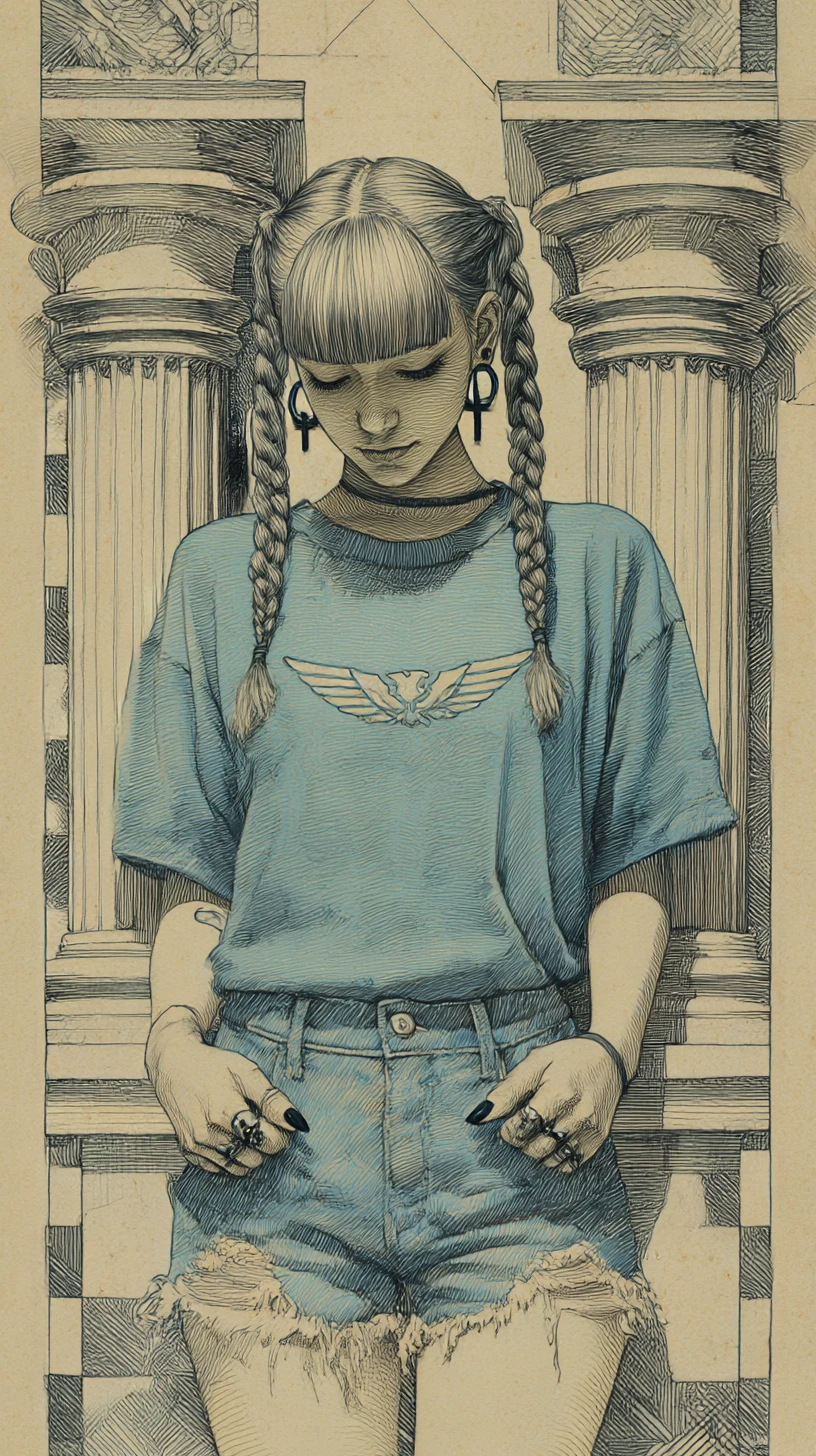 Chica confiada con trenzas en dibujo a tinta con columnas