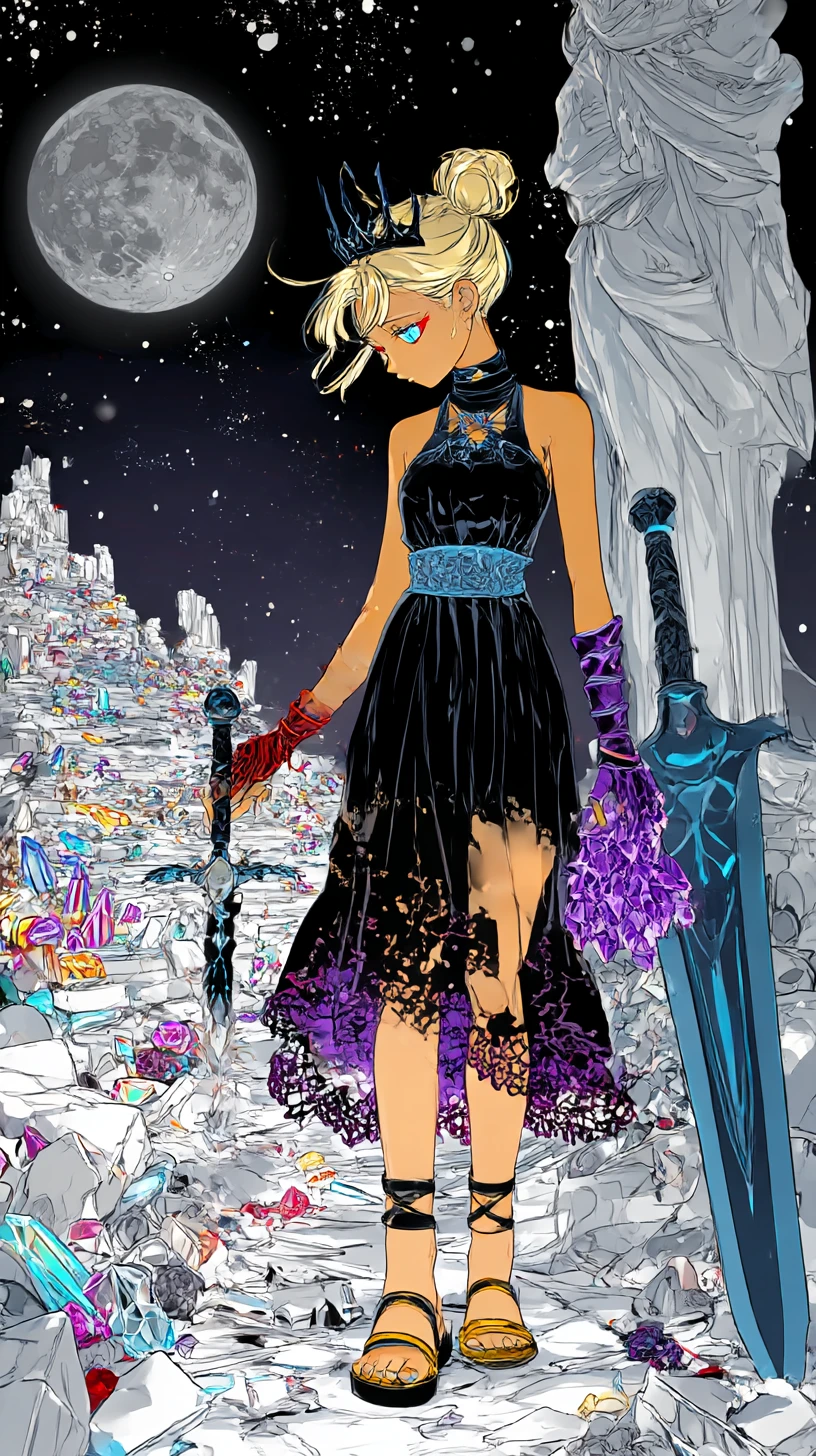 Chica de anime triste caminando por un campo de espadas de cristal