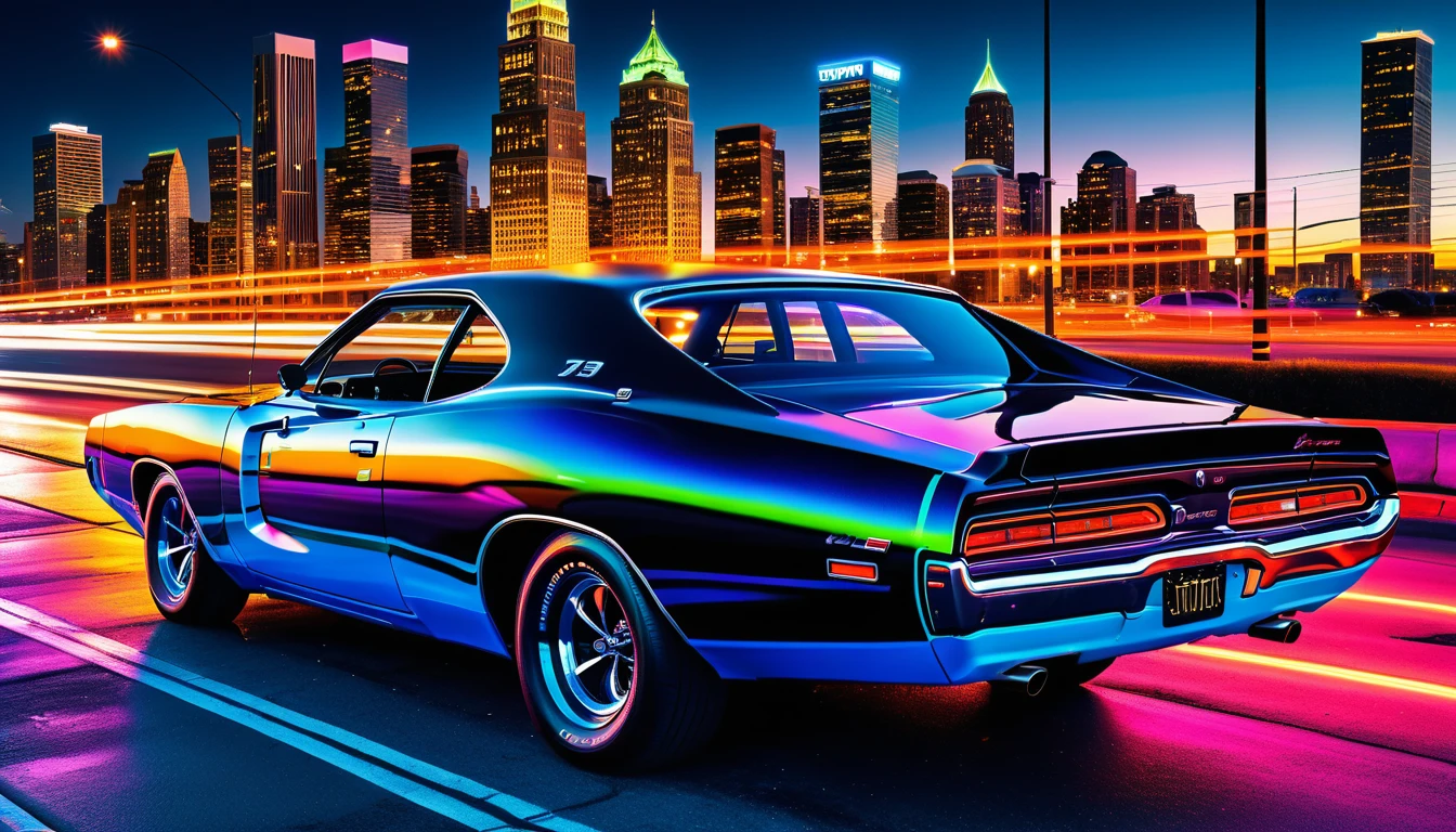 Surreal neon muscle car parked on glowing city street