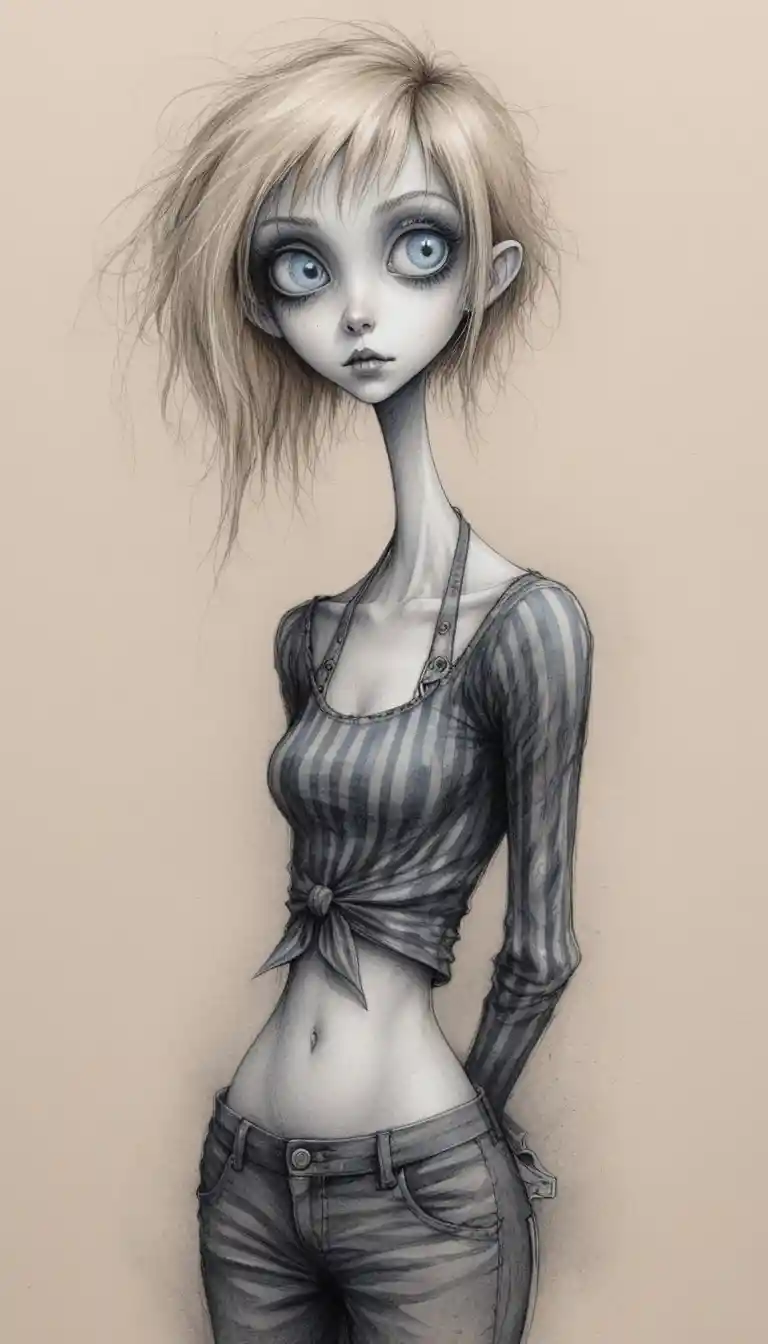 Chica gótica con grandes ojos azul pálido y top corto