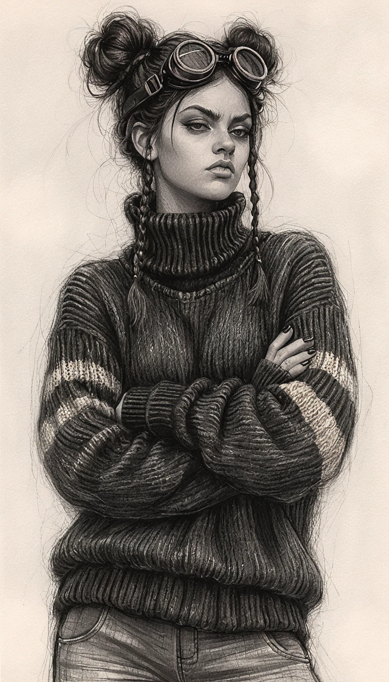 Chica rebelde con gafas en retrato a lápiz y brazos cruzados