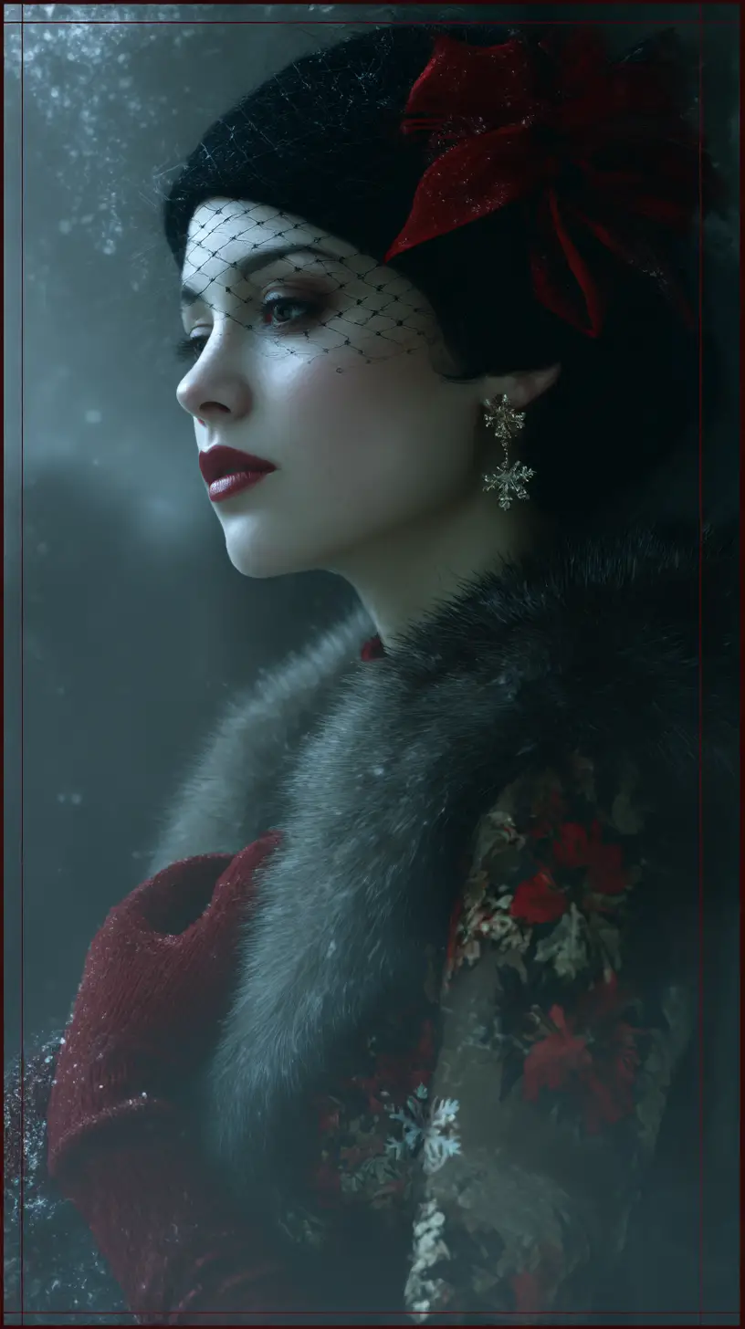 Cartoon woman in floral dress in a dark cinematic interior