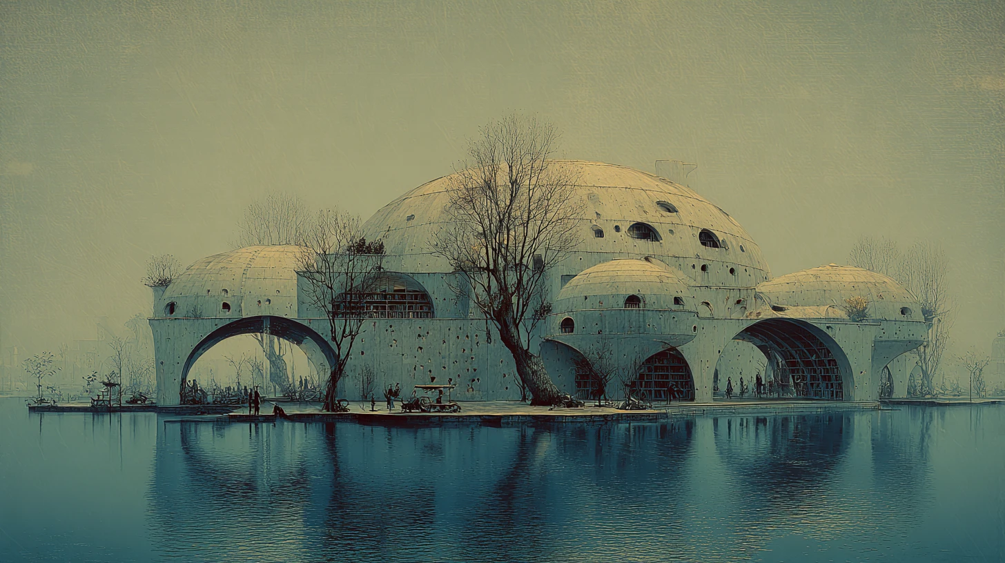 Biblioteca Submarina Surrealista con Arquitectura Alienígena sobre Lienzo
