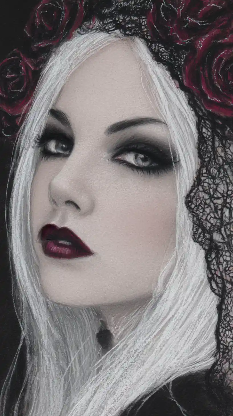 Gothic charcoal portrait of a woman with silver hair
