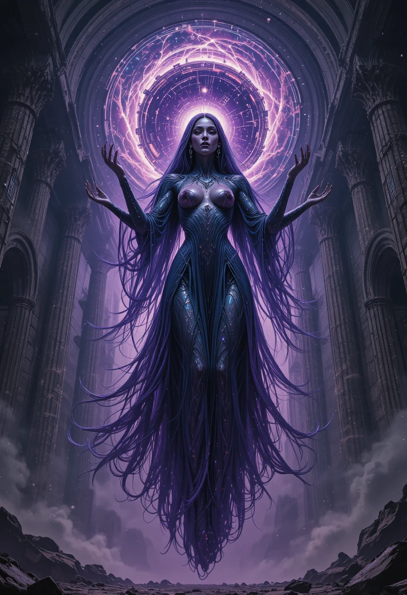 Diosa eldritch alzándose en un templo cósmico en ruinas