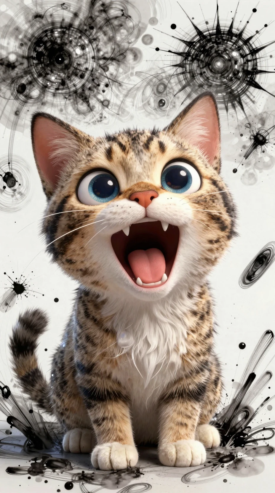 Schreiende Cartoon-Getigerte Katze in chaotischem Tinten- und 3D-Stil
