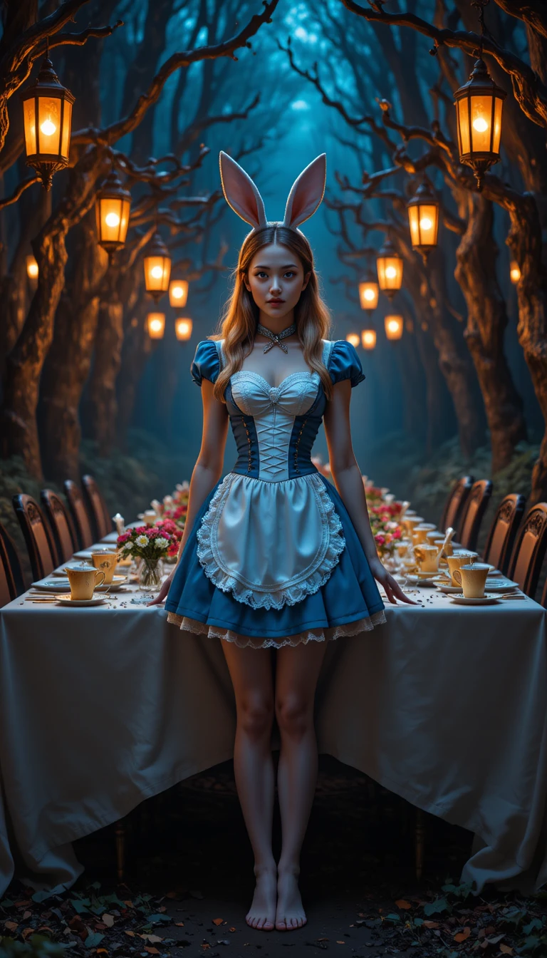Chica descalza inspirada en Alicia en una mesa del bosque iluminada por faroles