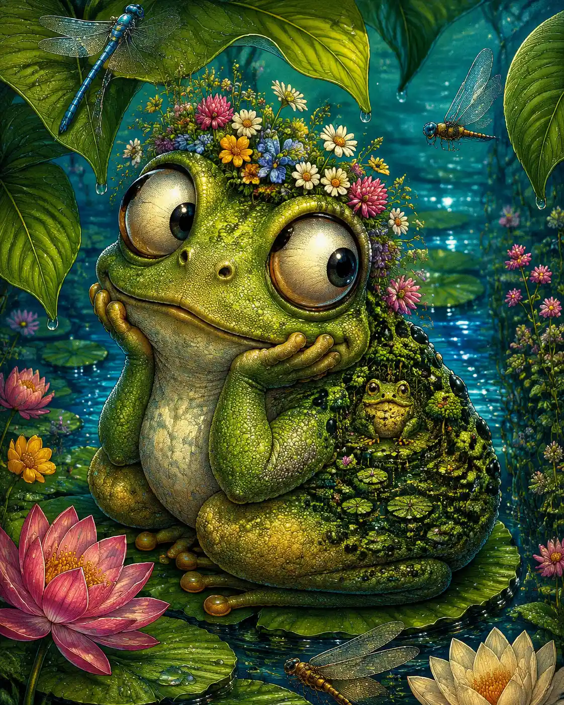 Süßer Frosch, der unter riesigen Tropenblättern lauscht