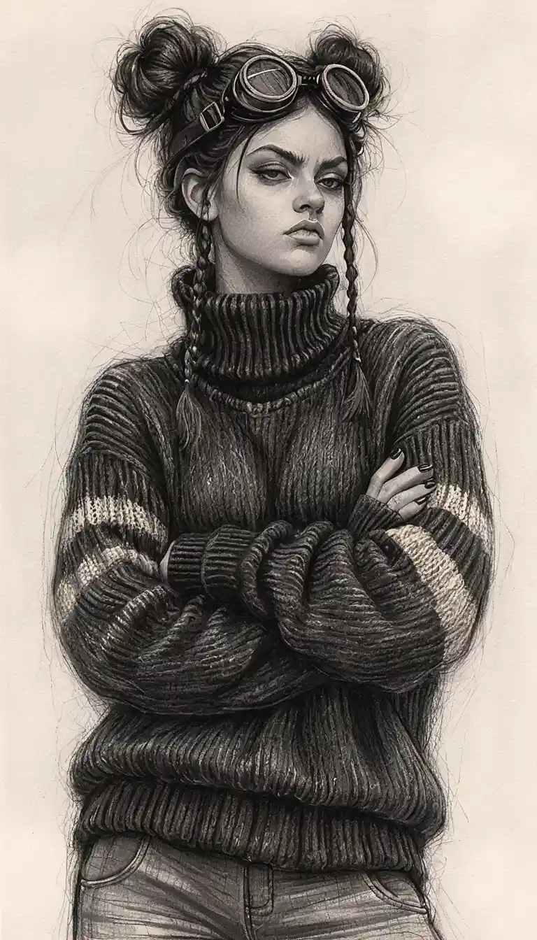 Chica rebelde con gafas en retrato a lápiz y brazos cruzados