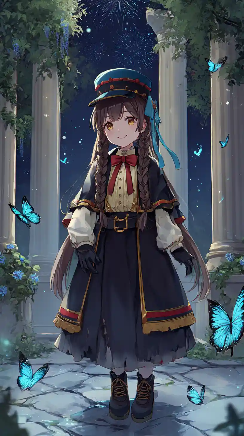 Chica de anime elegante con atuendo ornamentado en un gran salón