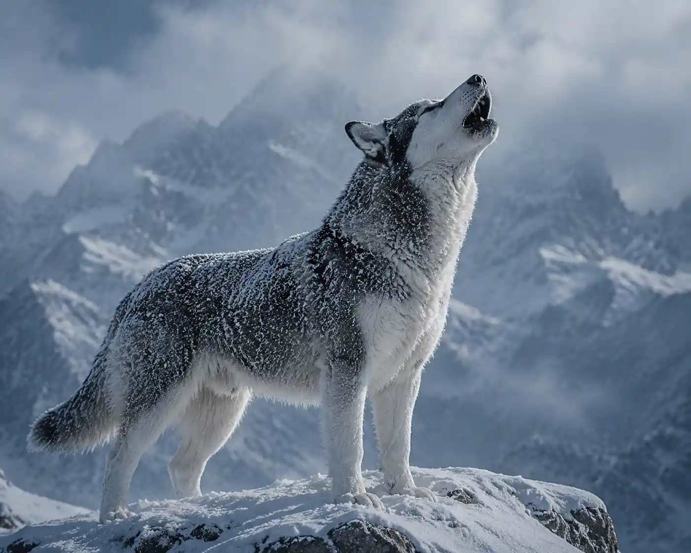 Siberian husky howling proudly on a snowy cliff