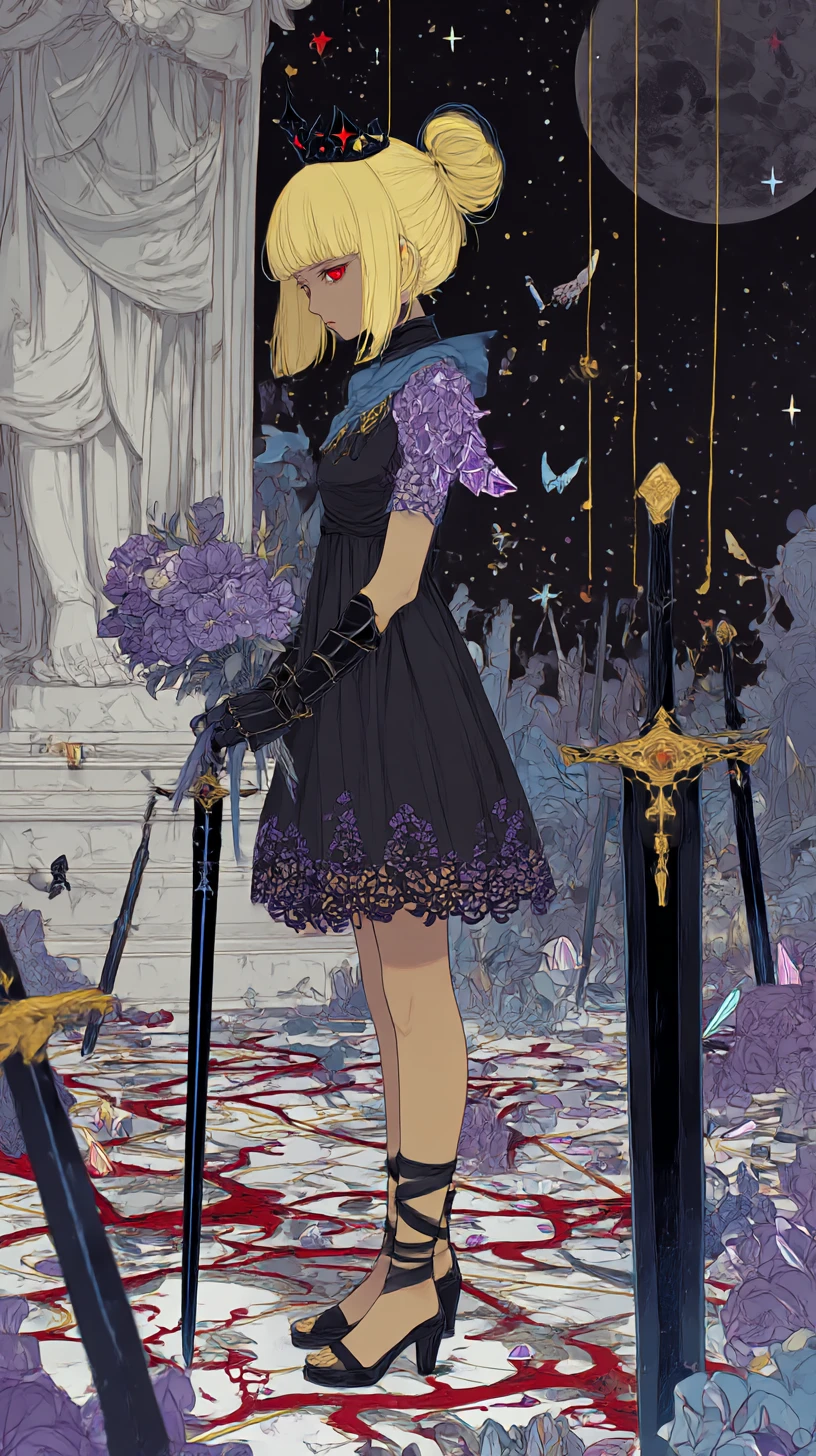 Chica de anime triste caminando por un campo de espadas de cristal