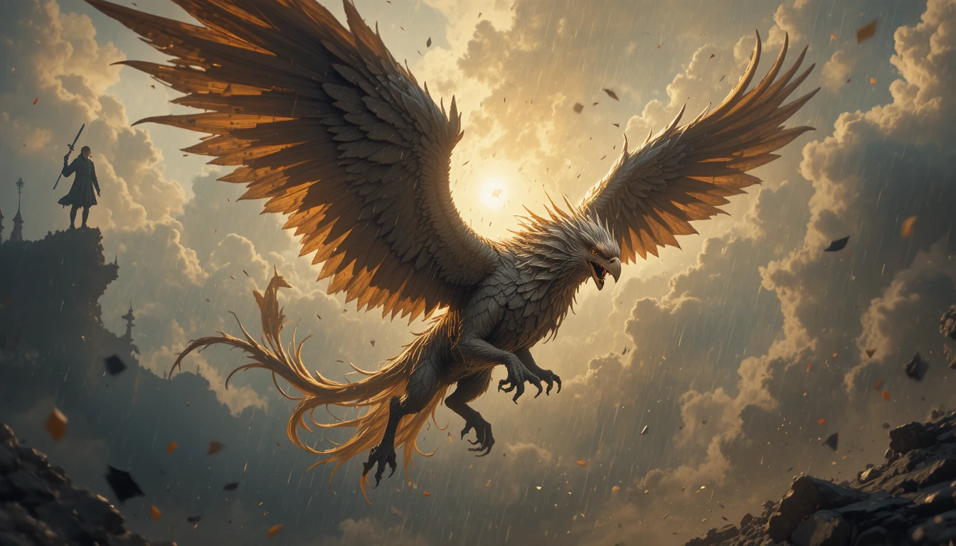 Majestätischer Greif, der durch einen stürmischen Fantasy-Himmel flieht