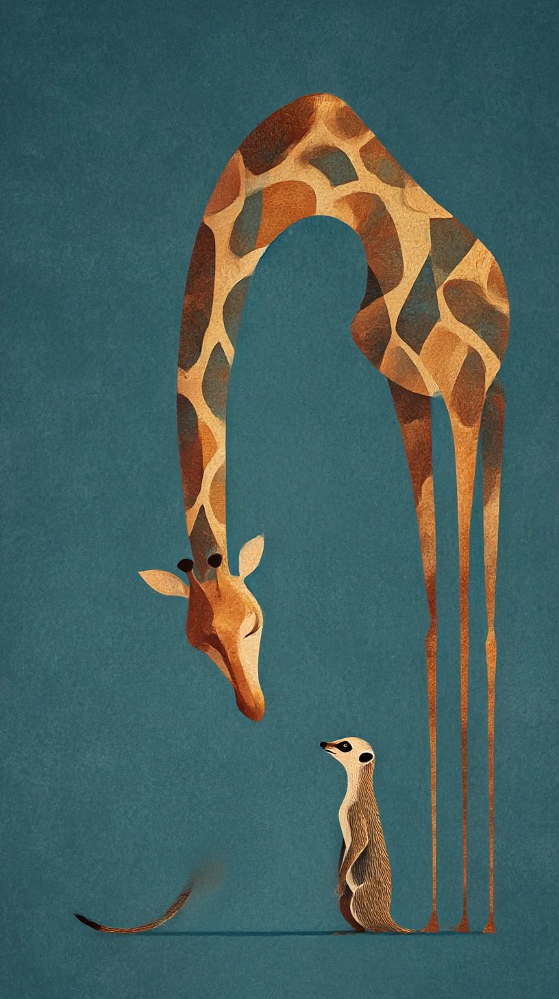 Girafa e suricato minimalistas em ilustração digital surreal