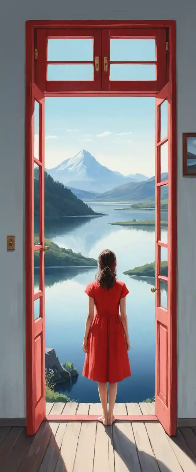 Girl in red dress standing by door to mountain lake