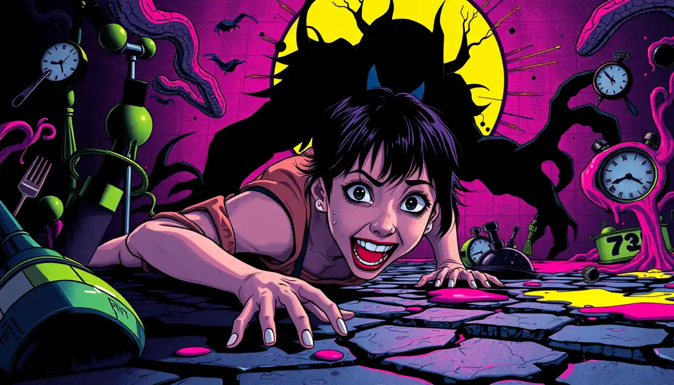 Mujer aterrorizada arrastrándose a través de una pesadilla surrealista de cómic