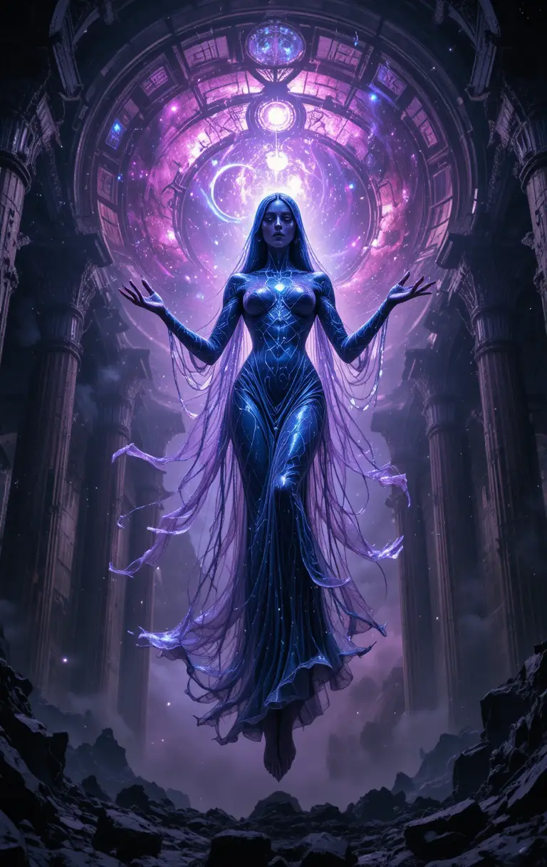 Diosa eldritch alzándose en un templo cósmico hecho añicos