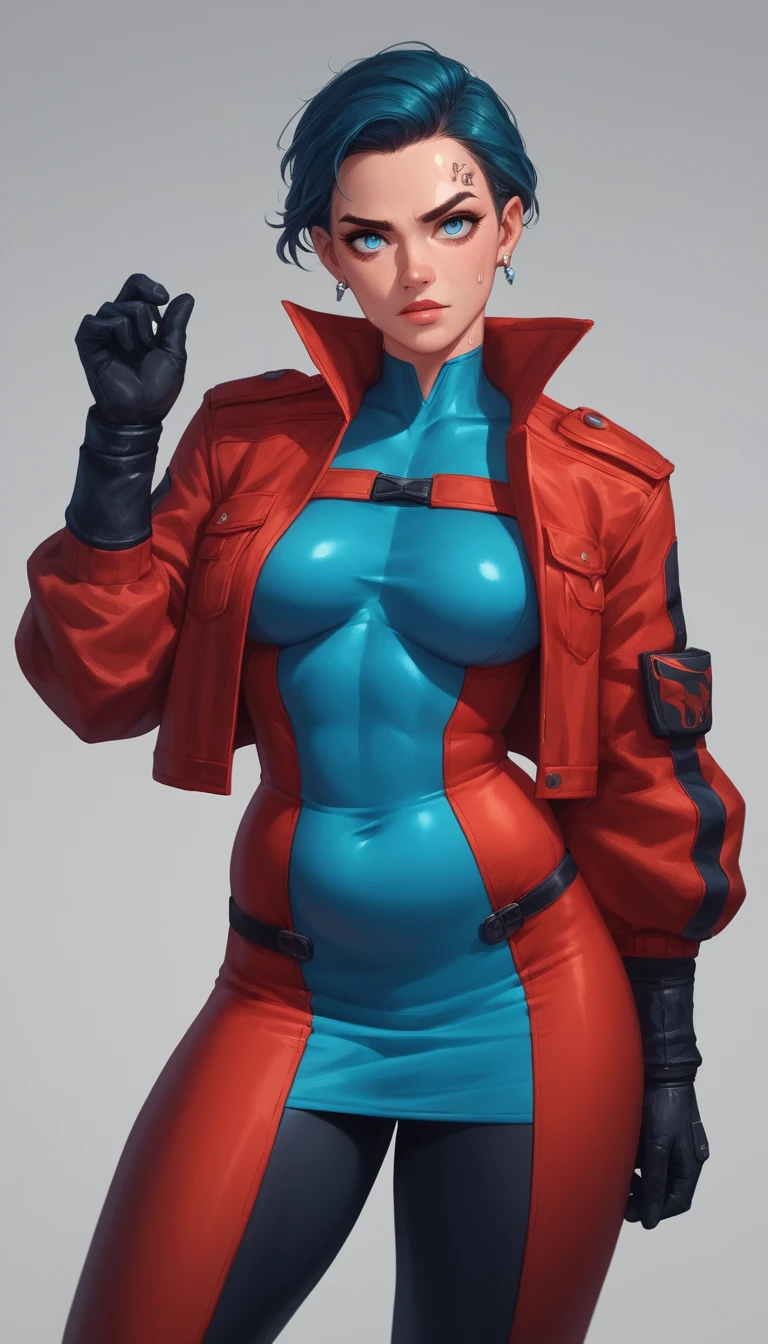 Heroína de anime seductora con ojos azules y cabello lacio y salvaje