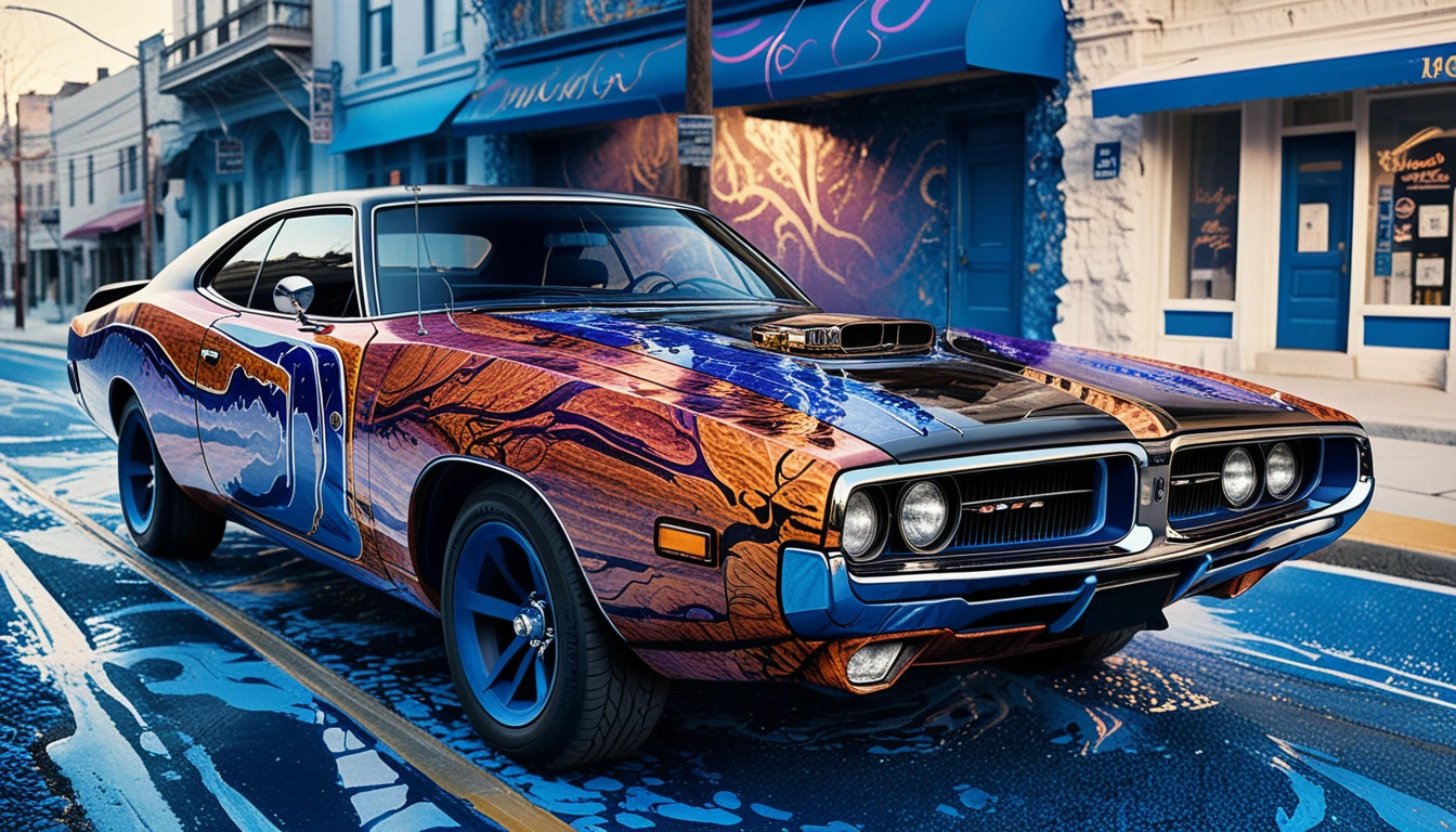 Surreal muscle car on neon city street at dusk