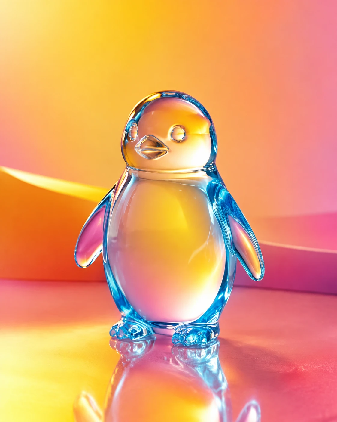 Tierno pingüino azul de vidrio sobre plataforma de suave degradado