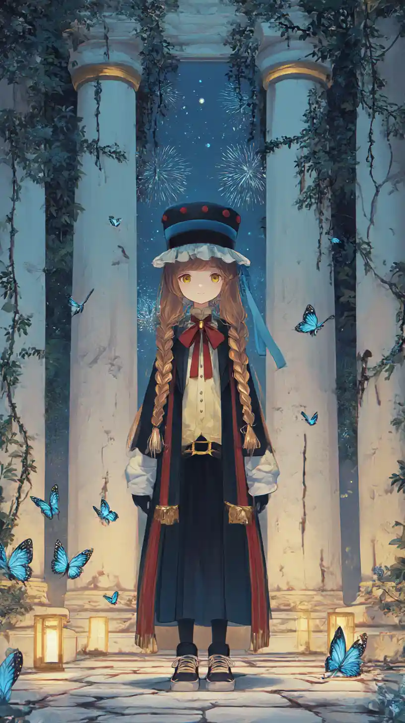 Chica anime con atuendo ornamentado en salón de templo