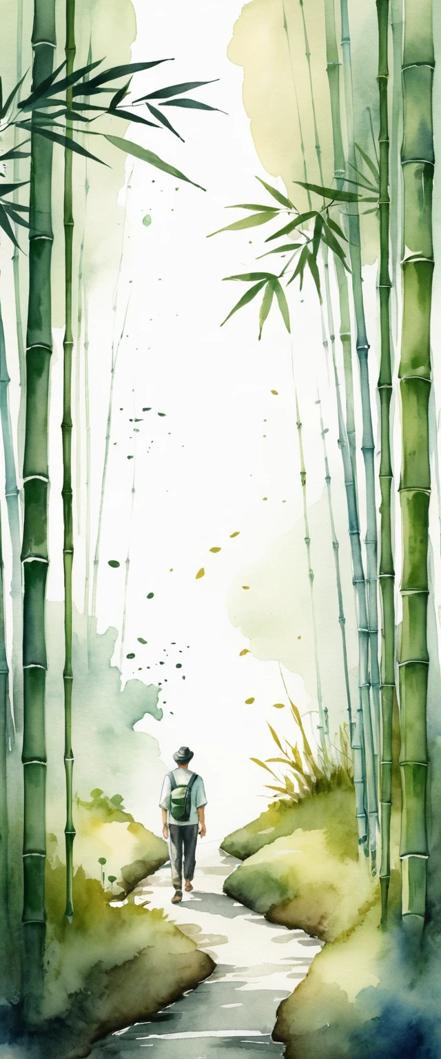 Homme Marchant Vers une Forêt de Bambous en Style Aquarelle