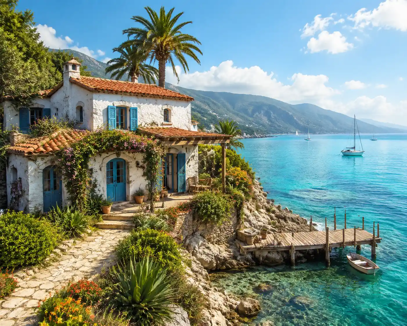 Rustic Mediterranean cottage on a rocky turquoise coastline