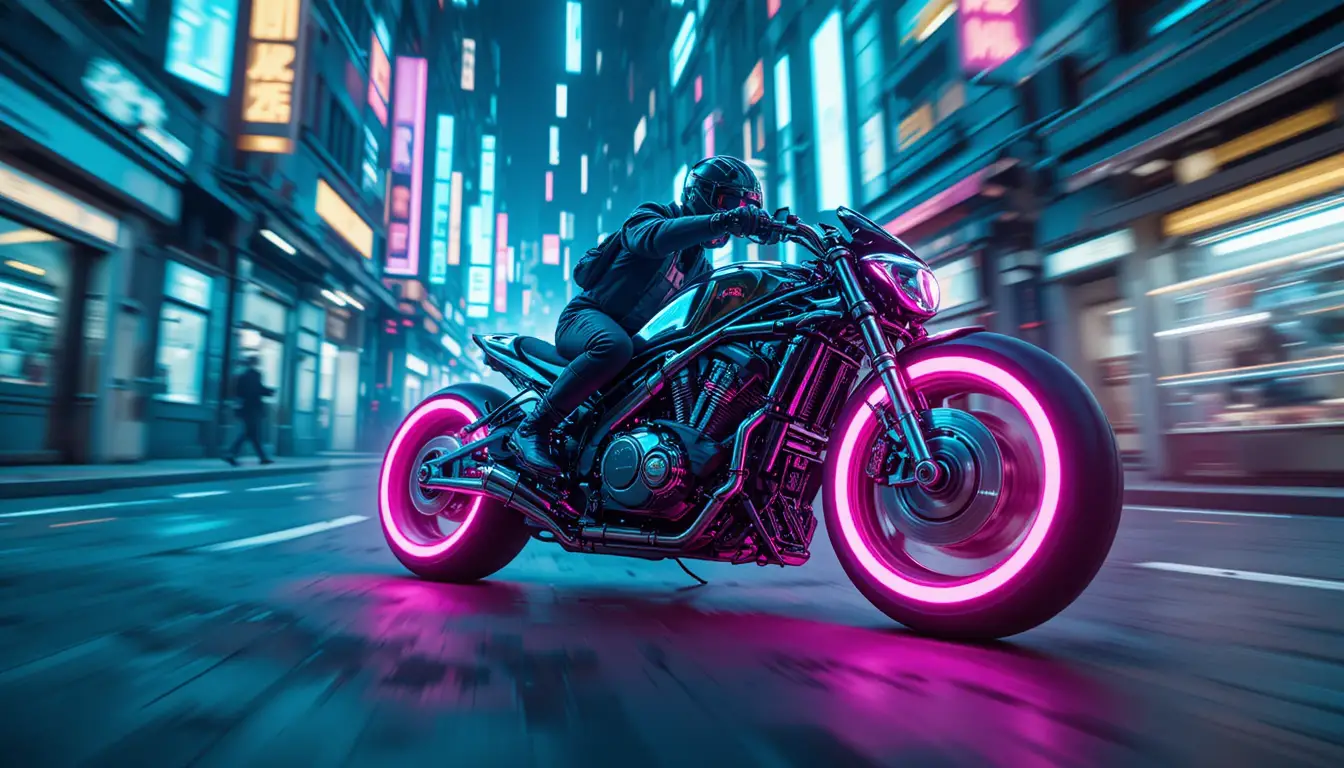 Moto flotante futurista corriendo por un callejón de ciudad neón