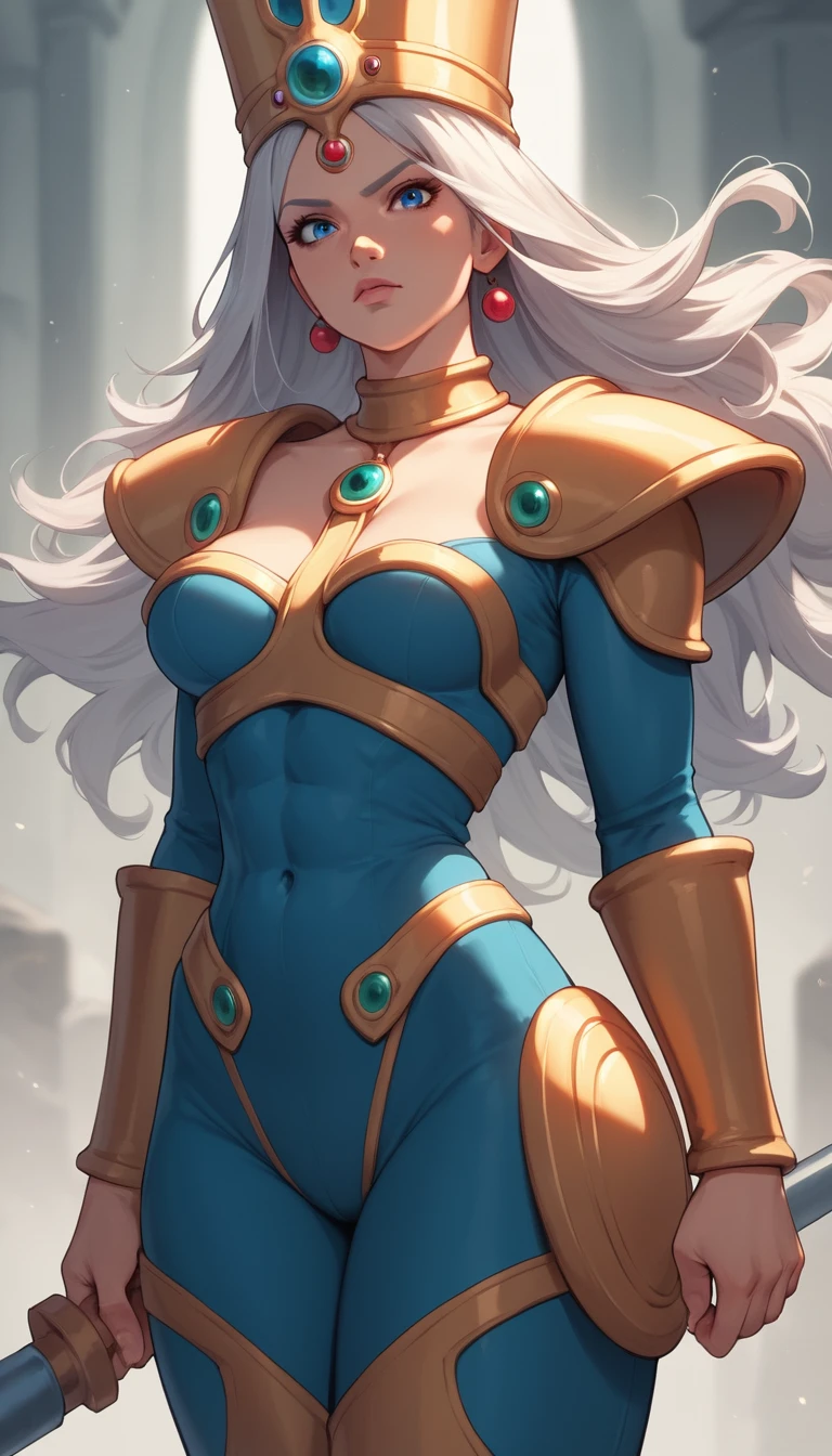 Reina guerrera de anime con largo cabello platinado y ojos azules