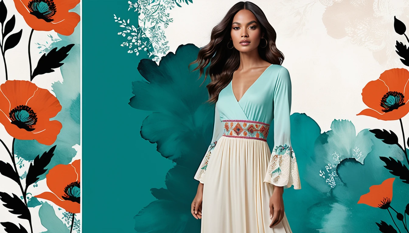 Mujer bohemia con vestido de encaje marfil frente a collage floral