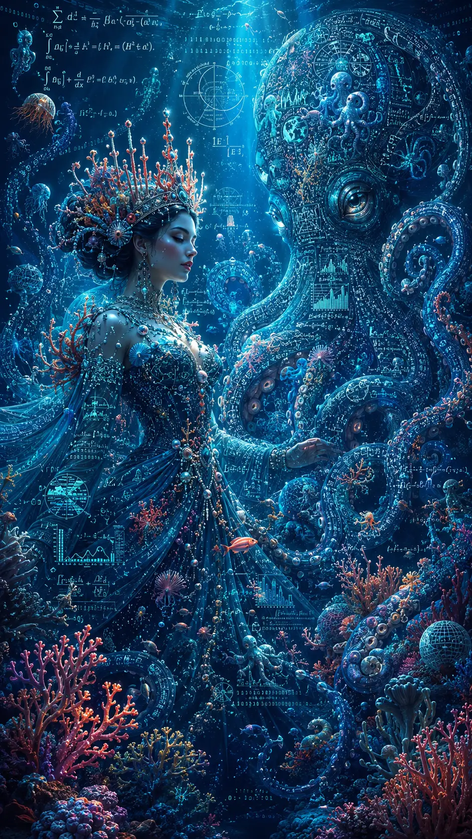 Rainha de coral fantástica com polvo companheiro tecido de dados