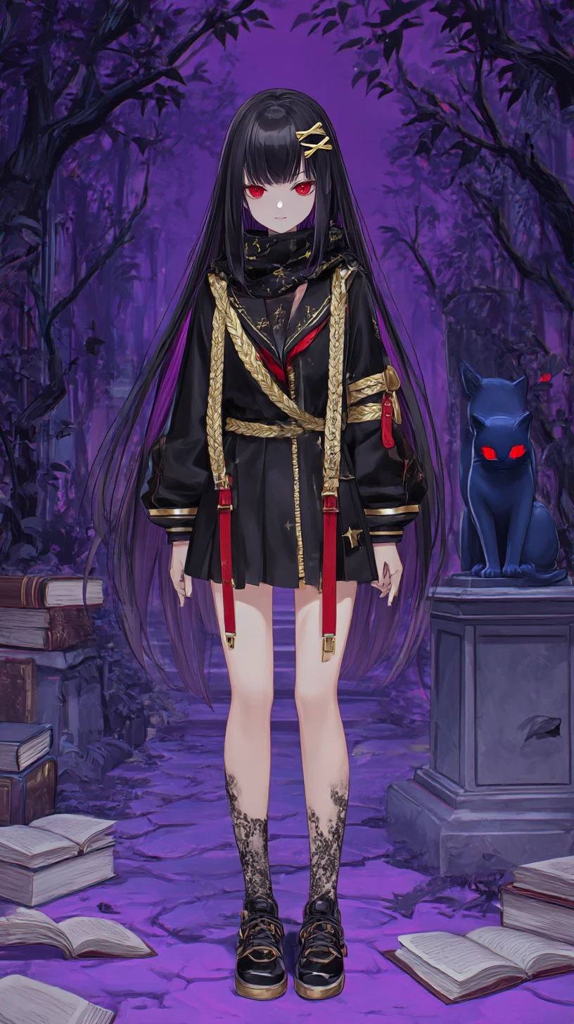 Chica de anime de cabello oscuro y sonrisa siniestra con chaqueta de cuerdas