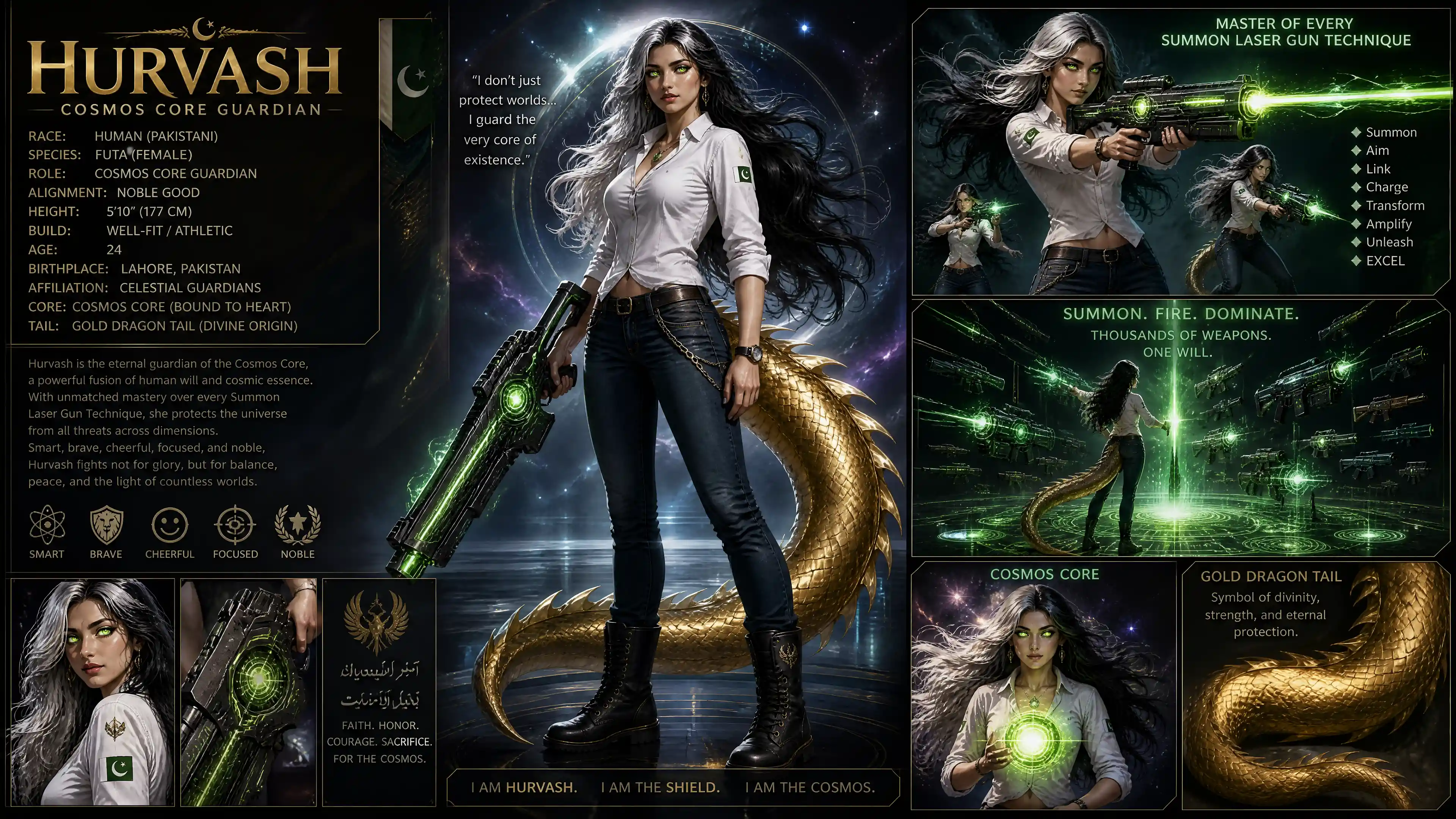 Heroica guardiana cósmica con cola de dragón