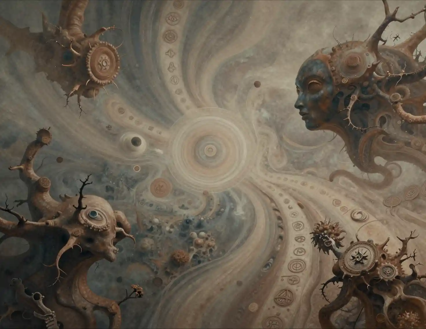 Mystical surreal landscape of organic forms and symbols